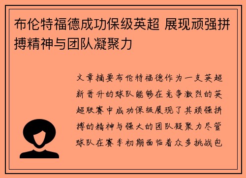布伦特福德成功保级英超 展现顽强拼搏精神与团队凝聚力 布伦特福德成功保级英超 展现顽强拼搏精神与团队凝聚力